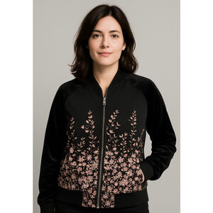 Women's A New Day Black Pink Floral Velvet Bomber Jacket Med Dark Romantic Moody
